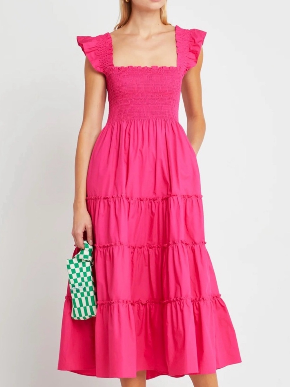 Kourt Calypso Smocked Square-Neck Hot Pink Magenta Tiered Dress Size L
